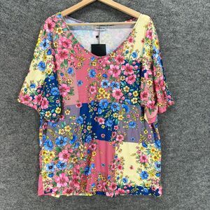 New Hawalili T-Shirt Women 3XL Pink Floral V-Neck Short Sleeve Cotton Casual